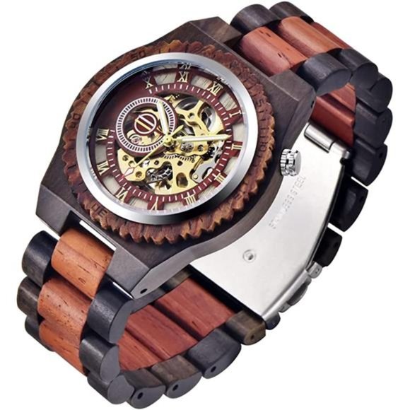 Men's Wooden Watch Skeleton Automatic Movement Wood Watch Self-Winding Watches - Picture 6 of 7